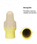 Close-up of Pro Grade Dual Color Tan Yellow Wire Connector jug of 500, twist on, side and top view, flexible steel spring visible.