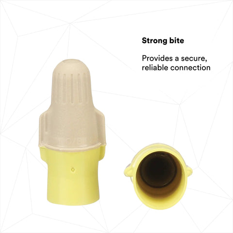 Close-up of Pro Grade Dual Color Tan Yellow Wire Connector jug of 500, twist on, side and top view, flexible steel spring visible.