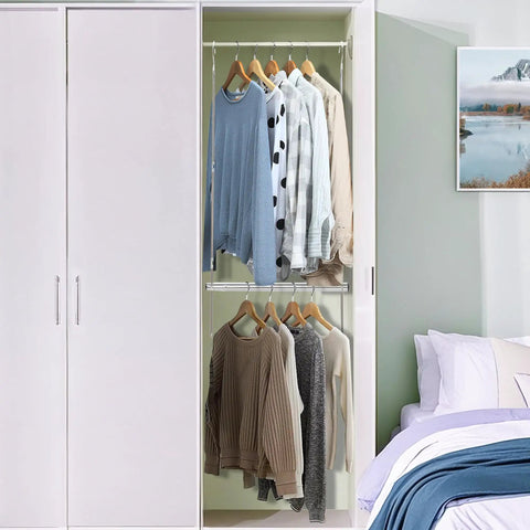 Adjustable Closet Rod Organizer For Space Saving And Hassle Free Organization, Double Hanging Bar Extender in white wardrobe.