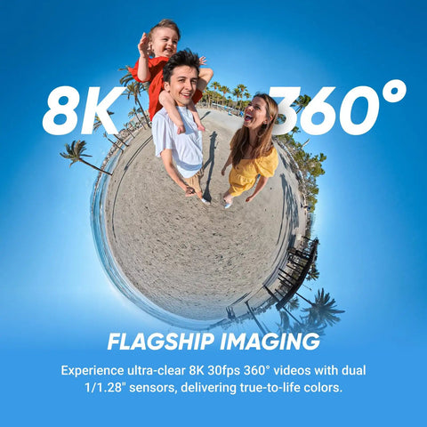 Family enjoying beach with 8K 360 Degree Action Camera Go To Starter Bundle, showcasing 360° video capability.