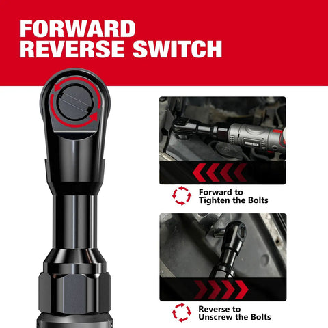 Close-up of cordless three eighths inch ratchet wrench set with extended head illustrating forward and reverse switch mechanism.