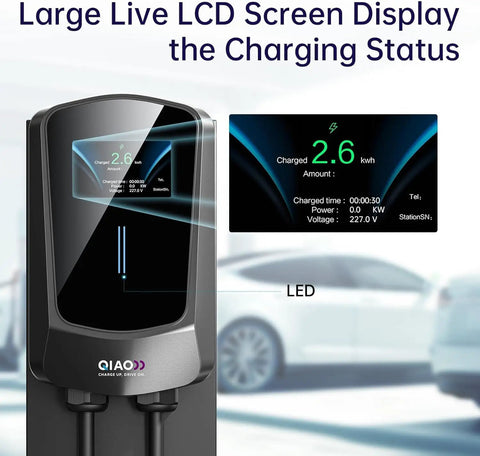 Level 2 EV Charger for Home Use With 14-50 Plug 40A High Current Output 25ft Cable 4.3 Inch Display showing charging status