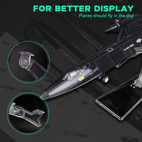 SR 71 Blackbird Reconnaissance Aircraft Model Kit With Display Stand For Adults Collectors And Hobbyists, 183 Piece Build, Ultra Dope One To Seventy Four Scale Replica Featuring Realistic Cockpit And Rotating Wheels, close-up on cockpit and transparent stand.