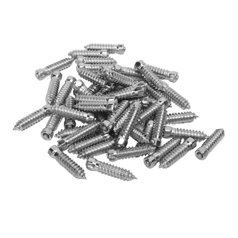 Rock Solid M6x6mm Snow Tire Studs Featuring Tungsten Steel Anti Skid Spikes and Heavy Duty Screws in a pile.