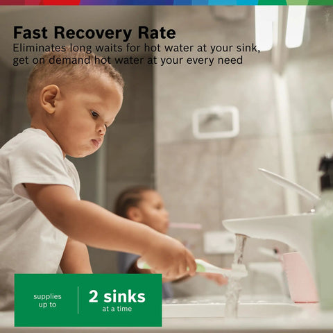 Child washing hands emphasizing Electric Mini-Tank Water Heater Tronic 3000 T 2.5 Gallon ES2.5 Hot Water On Tap efficiency