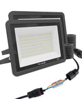 2 Pack 150W Outdoor LED Flood Lights 5000 Lumen IP66 Waterproof Daylight 6500K floodlight close-up with cable glands