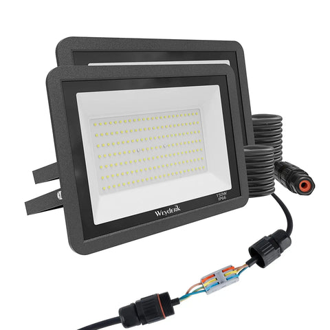2 Pack 150W Outdoor LED Flood Lights 5000 Lumen IP66 Waterproof Daylight 6500K floodlight close-up with cable glands