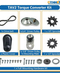 TAV2 torque converter kit with driver pulley, 10T and 12T sprockets, drive belt, plastic cover, mounting hardware for Predator 212cc.