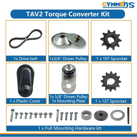 TAV2 torque converter kit with driver pulley, 10T and 12T sprockets, drive belt, plastic cover, mounting hardware for Predator 212cc.
