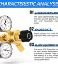 Front view of brass argon/CO2 welding regulator with dual gauges, black adjustment knob, CGA580 fitting