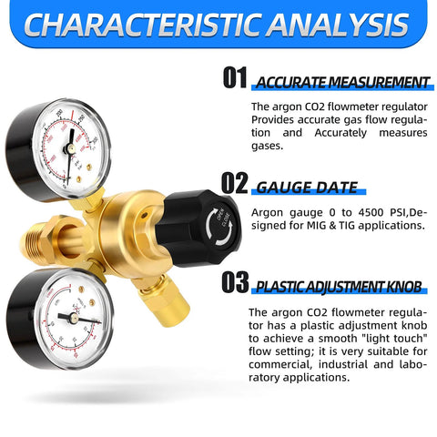 Front view of brass argon/CO2 welding regulator with dual gauges, black adjustment knob, CGA580 fitting