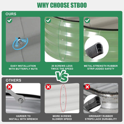 Comparison of features for Galvanized Raised Garden Bed Kit 2 Pack 4x2x1 ft Oval Planter Boxes With Rubber Strip For Outdoor Veggies Flowers And Herbs Built To Last In Olive Green, highlighting ease of installation, fewer screws, and better rubber strips.