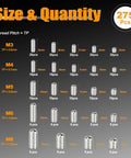 Chart displaying 304 Stainless Steel Set Screws Kit With 275 Pcs, Metric M3 To M8, 3mm To 16mm Lengths, 24 Sizes, quantity per size.