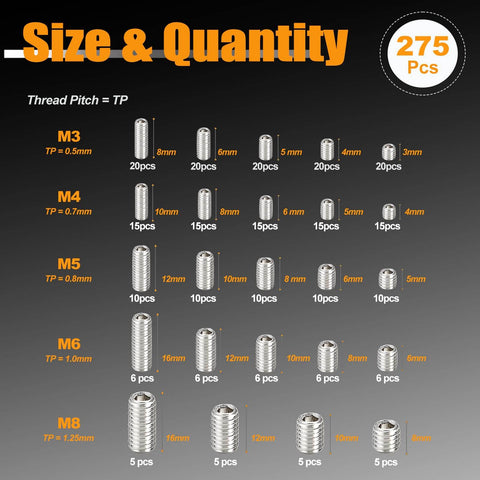 Chart displaying 304 Stainless Steel Set Screws Kit With 275 Pcs, Metric M3 To M8, 3mm To 16mm Lengths, 24 Sizes, quantity per size.