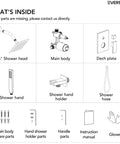 Diagram of EVERSTEIN 6" Wall Mount Shower System with Handheld Spray, Brushed Nickel parts including shower head and hose.