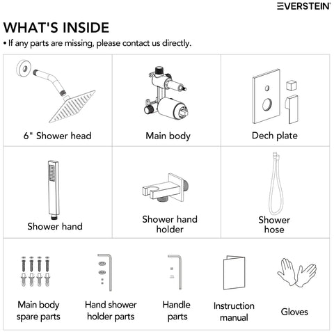 Diagram of EVERSTEIN 6" Wall Mount Shower System with Handheld Spray, Brushed Nickel parts including shower head and hose.