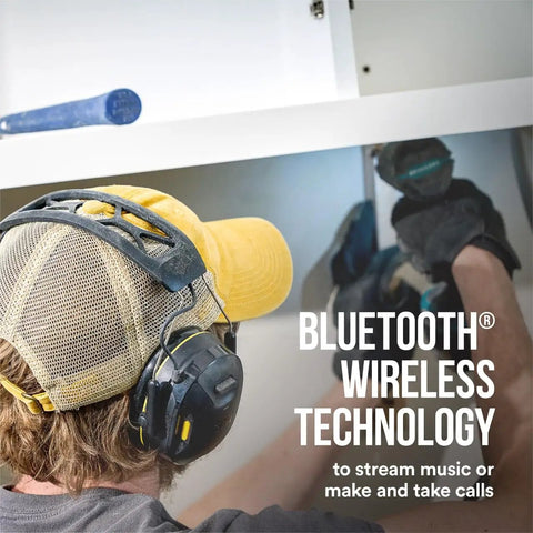 Person wearing WorkTunes Connect Wireless Hearing Protector With Bluetooth Technology 26 dB Noise Reduction Rating