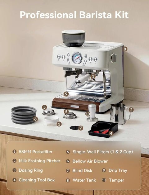 All In One Espresso Machine With Grinder 58mm Cafe Style 2026 Upgrade Anti Static Grinder Milk Steam Wand 15 Bar Pressure Perfect For Home Baristas Cappuccino And Latte Lovers Stainless Steel with accessories on kitchen counter