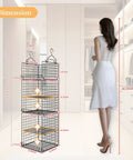 6 Tier Hanging Closet Organizer Dope Space Saving Shelf System With Foldable Shelves And Adjustable Dividers Stackable Or Separable Use Great For Shirts Sweaters Socks Hats Dolls Handbags And More Black with dimensions shown in a closet setup