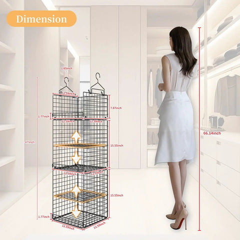 6 Tier Hanging Closet Organizer Dope Space Saving Shelf System With Foldable Shelves And Adjustable Dividers Stackable Or Separable Use Great For Shirts Sweaters Socks Hats Dolls Handbags And More Black with dimensions shown in a closet setup