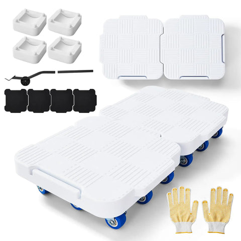 DoReFaSol Connectable Appliance Rollers And Heavy Duty Furniture Sliders With 36 Wheels Moving Dollys in white with gloves and accessory tools included.