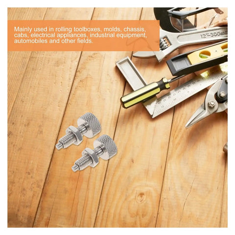 Two Pack Straight Up Heavy Duty Knurled Knobs And Indexing Plungers Quick Release Pins Spring Loaded Toolbox Locking Screws on wooden surface