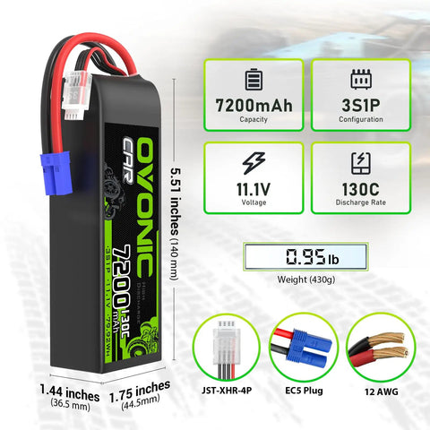 Beefy 7200mAh 11.1V 3S LiPo Battery with EC5 connector for RC cars, 130C soft case, product details and dimensions displayed.