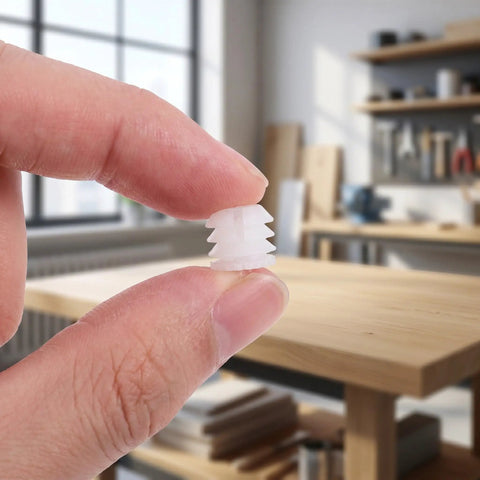 Holding a white plastic dowel insert close-up, Plastic Dowel Inserts And Mounting Screws For Hinges Kit - M4x8mm White Dowels For Cabinet Doors