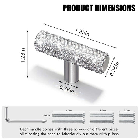 Bling Crystal Cabinet Knobs 2 Pack For Kitchen, Dresser, And Bath Cabinets, Rhinestone Drawer Pulls with detailed dimensions