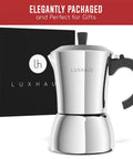 Stainless Steel Moka Pot, 6 Cup Espresso Maker For Gas, Electric Or Induction Stoves, 12oz Brew, shown with elegant packaging