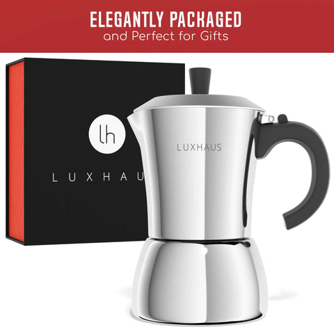 Stainless Steel Moka Pot, 6 Cup Espresso Maker For Gas, Electric Or Induction Stoves, 12oz Brew, shown with elegant packaging