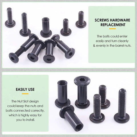 Top Notch Hella Tough Heavy Duty Slick Black M6 Barrel Nuts Kit Featuring Binding Screws Posts For Baby Cribs Scrapbook Albums Leather Repair Jobs Ahead, showing various black barrel nuts and screws.