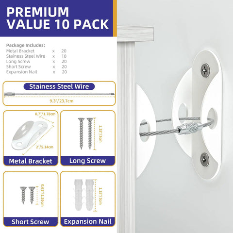 Secure 400 Pound Capacity Anti Tip Furniture Wall Anchors 10 Pack showing side view with metal bracket and screws.