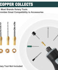 306 Piece Rotary Tool Accessories Kit With Storage Case For Cutting, Sanding, Grinding, Carving, Polishing, Drilling And Engraving - Universal Fit For Dremel And One-Eighth Inch Shank Tools displayed with copper collets and drill bits. Rotary tool not included.