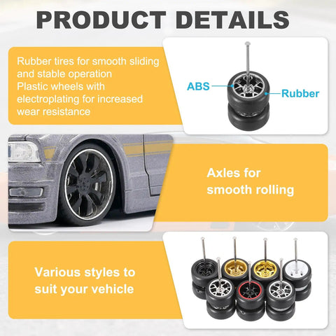 Close-up of 8 Piece 1/64 Scale Wheel And Tire Set with Real Riders Rims and Axles for RC Diecast Cars, showing rubber tires and ABS details.