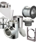 Heavy Duty 6 Inch Through The Wall Chimney Thimble Kit Featuring Robust Spark Guard Cap And Adjustable Mount For Class A Double Wall Vent Pipe No Sweat Setup components including caps, tubes, and mounts.