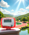 Red Portable Mini Digital LCD Pedometer That Tracks Steps Distance Calories Burned Exercise Time And Daily Target With Accurate Sensor Tech For Walking Running And Fitness On The Go, shown outdoors