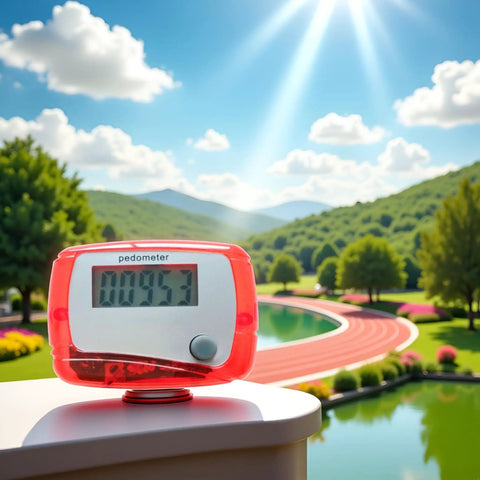 Red Portable Mini Digital LCD Pedometer That Tracks Steps Distance Calories Burned Exercise Time And Daily Target With Accurate Sensor Tech For Walking Running And Fitness On The Go, shown outdoors