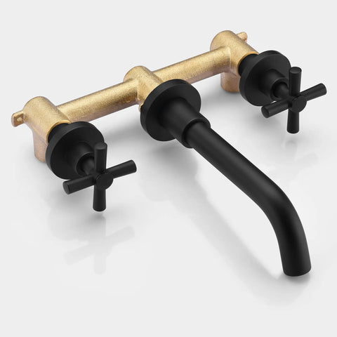 Matte Black Wall Mounted Bathroom Faucet With Rough In Valve Included, Corrosion Resistant And Durable Finish, ICC ES PMG Certified, ASME A112 18 1 CSA B125 1 2018 Compliant, CUPC Plumbing Fixture For Modern Bathrooms shown in close-up view.