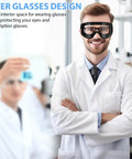 Man in lab wearing Bulk 24 Pack Anti Fog Safety Goggles For Lab Use Adjustable Over Eye Protection With Scratch Resistant PC Lenses