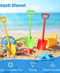 4 Piece 15 Inch Beach Sand Shovel Set for Kids, Colorful Outdoor Digging Toys on sandy beach, includes durable plastic toy kit