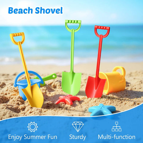 4 Piece 15 Inch Beach Sand Shovel Set for Kids, Colorful Outdoor Digging Toys on sandy beach, includes durable plastic toy kit