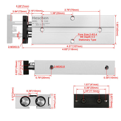 Heavy Duty Double Rod Air Cylinder TN10x60 10mm Bore 60mm Stroke Double Acting Pneumatic Actuator With Magnetic Piston For CNC, Robotics And Pick And Place Automation, Ultra Low Non Rotation Precision At 0.4 Degrees, dimensioned mounting view