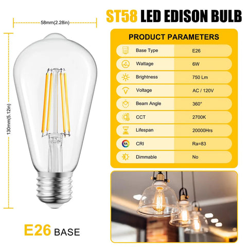 Diagram of ST58 LED Edison Bulb, E26 base, highlighting 6W, 750 Lumens, 2700K warm light specifics, with usage examples.