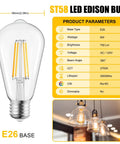 Diagram showing 12 Pack LED Edison Filament Bulbs 6W 750 Lumens Equivalent To 60W 2700K Warm White Non Dimmable E26 ST58 with specs