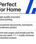 Text image listing features of Envy 6555e Wireless All-In-One Color Inkjet Printer With Duplex Printing, emphasizing home use.