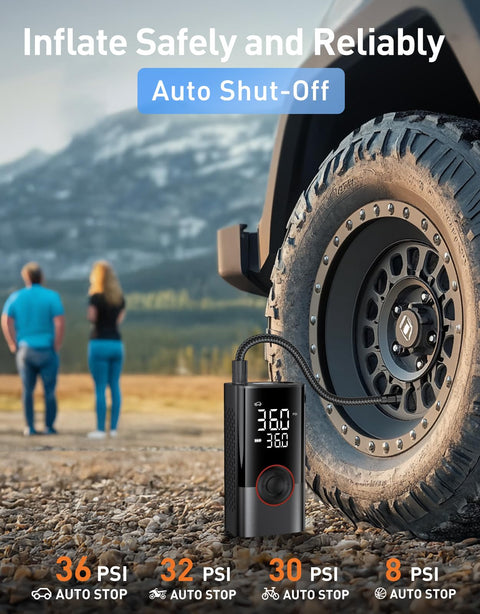 Portable Tire Inflator Air Compressor 150 PSI Cordless Pump With LED Light And Digital Pressure Gauge beside car tire