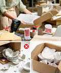 Dish Moving Master Pack 290 Dish Packing Kit in 9 sizes with 350 fragile stickers for plates and dishes, showing safe and unsafe packing