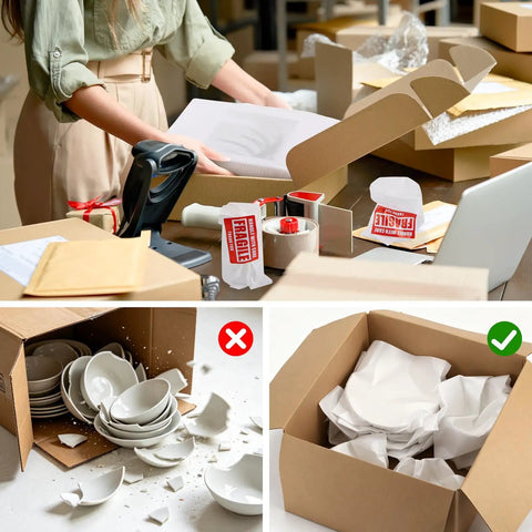 Dish Moving Master Pack 290 Dish Packing Kit in 9 sizes with 350 fragile stickers for plates and dishes, showing safe and unsafe packing