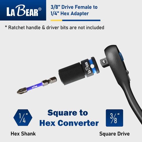 Three Eighths Inch Square Drive To One Quarter Inch Hex Converter With CrMo Steel Quick Release Chuck And Patented Adjustable Design